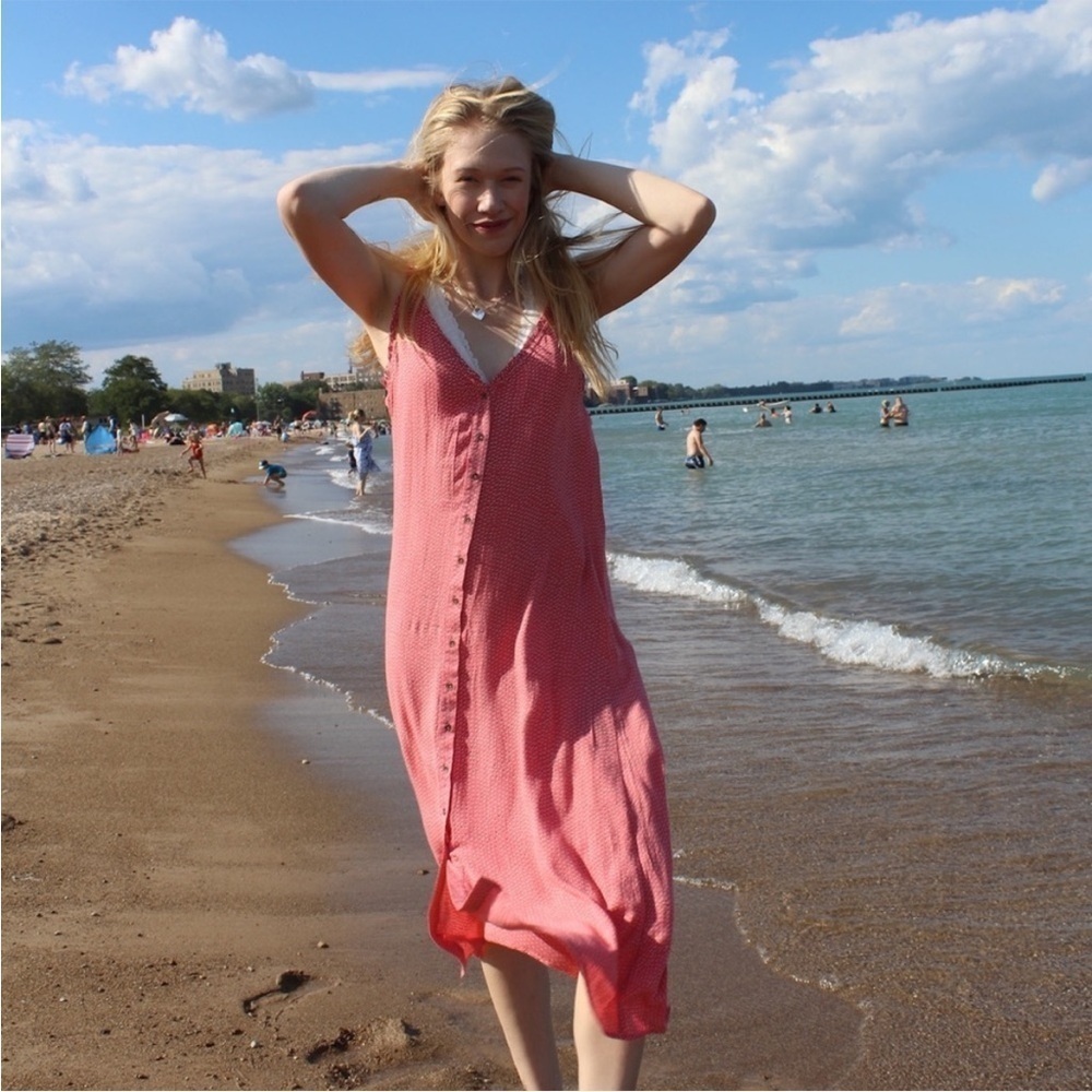 Billabong Sweet Edges midi Dress slip button-front pink women’s small